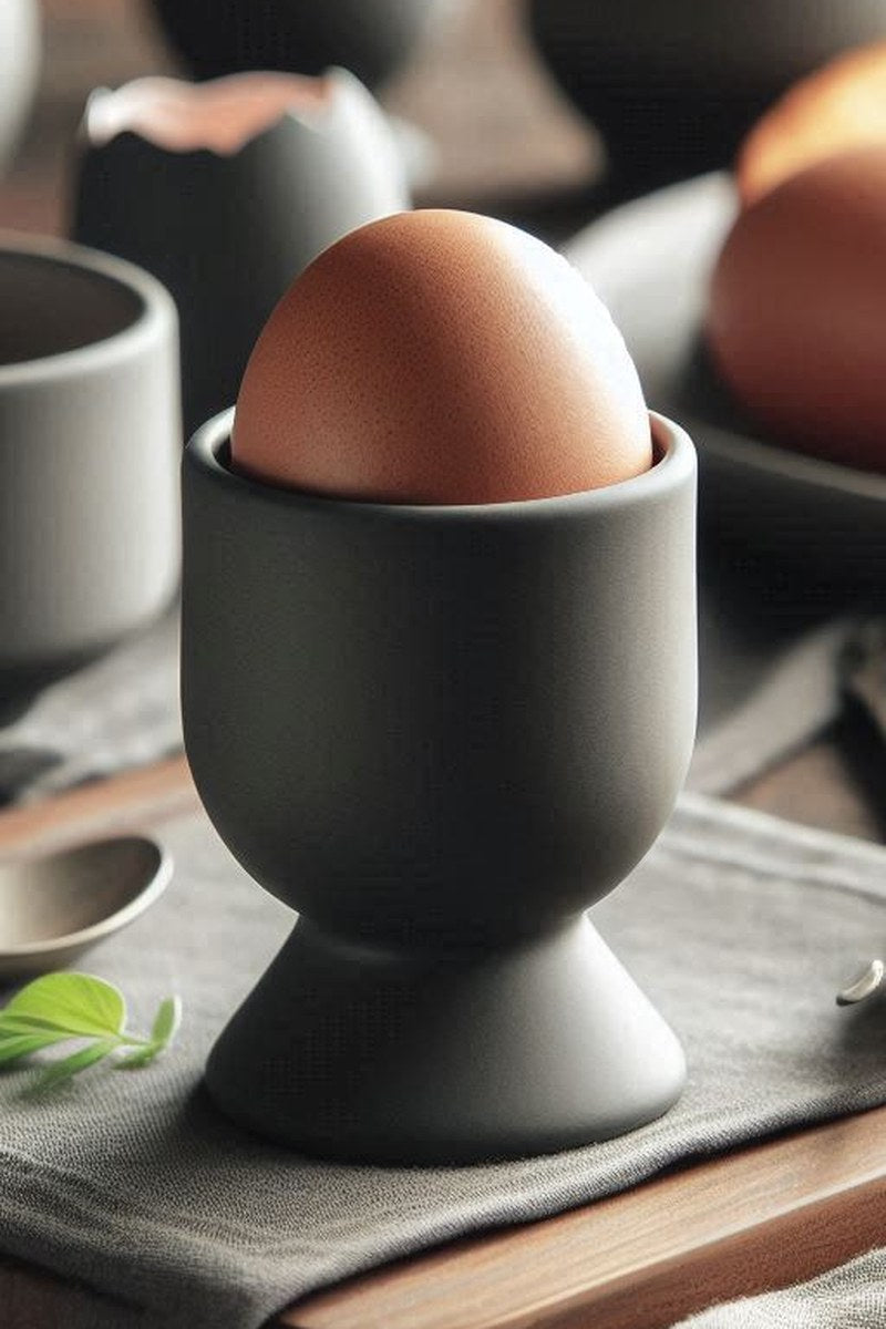 Närbild av en modern äggkopp med elegant geometrisk form och slät yta