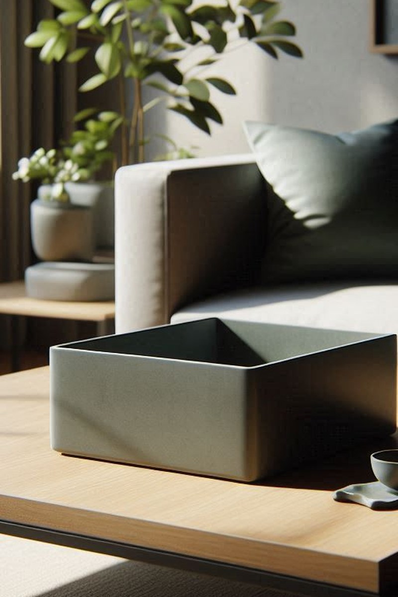 Närbild av en minimalistisk fyrkantig skål med rena geometriska kanter och matt yta