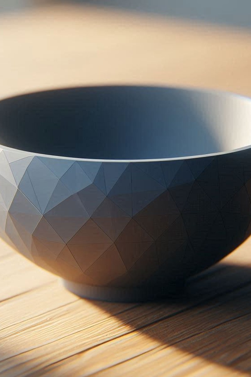 Närbild av en low poly-skål med geometriskt fasetterad yta och fot