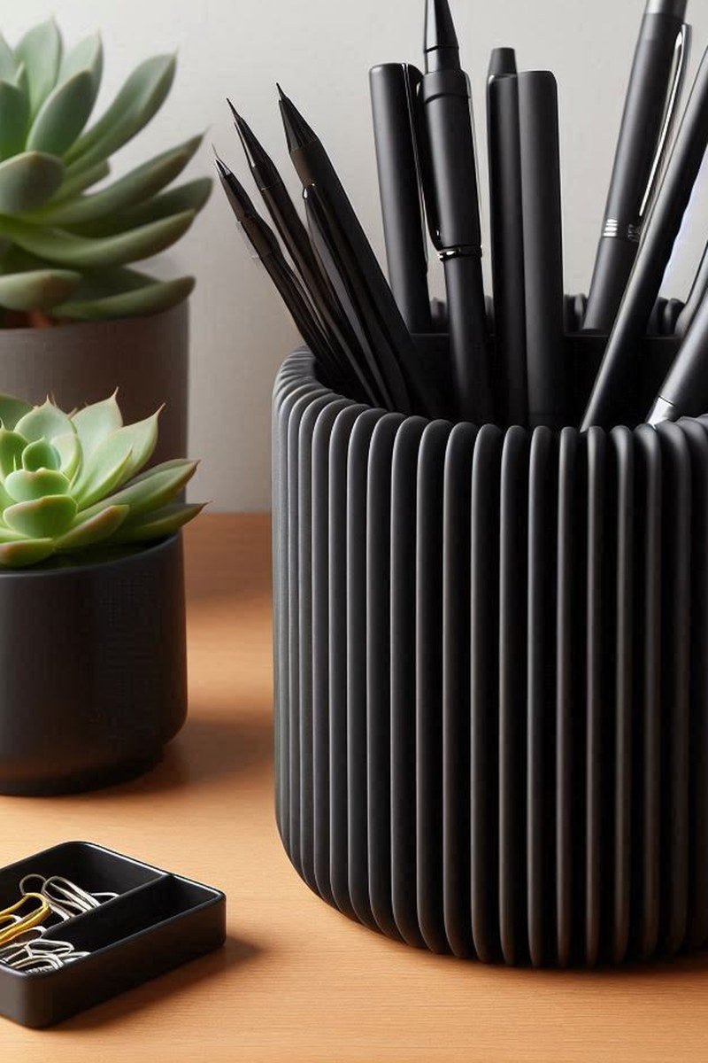 Närbild av en räfflad pennhållare med platta vertikala räfflor och minimalistisk design
