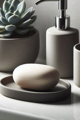 Vitt set med tvålkopp och tandborsthållare framifrån, slät minimalistisk design