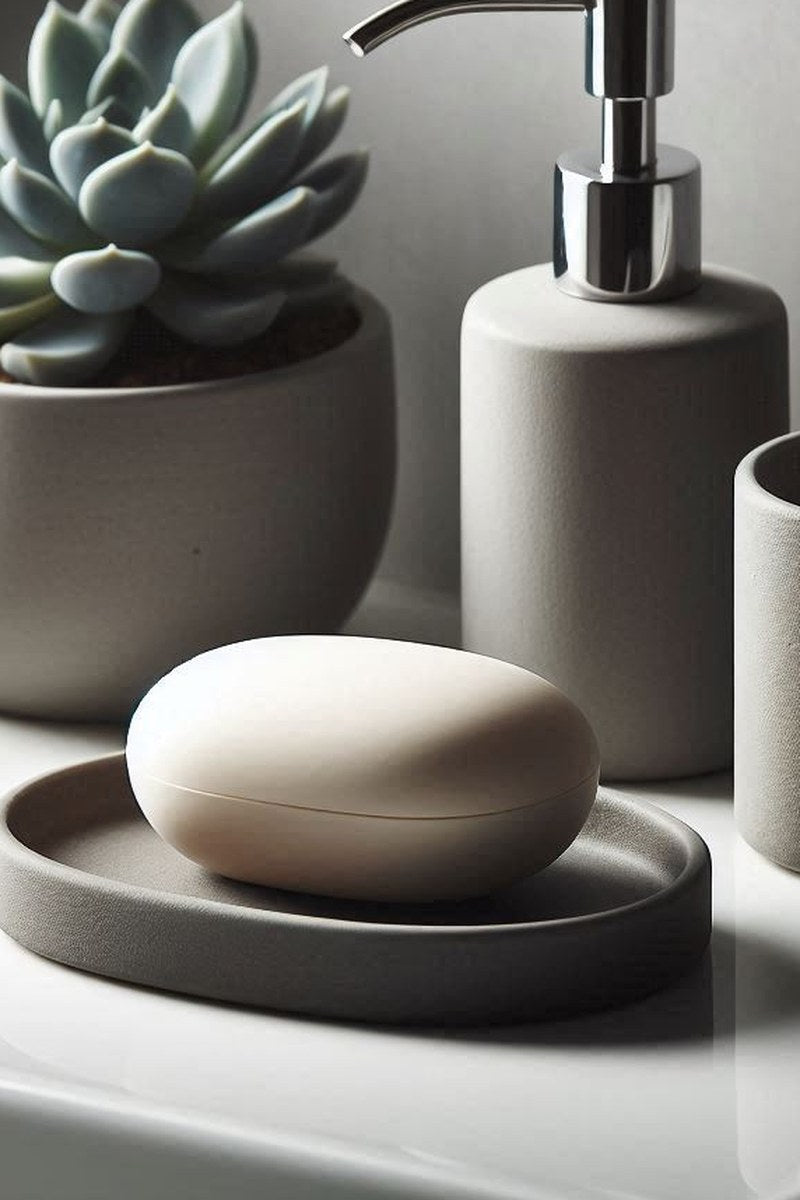 Vitt set med tvålkopp och tandborsthållare framifrån, slät minimalistisk design