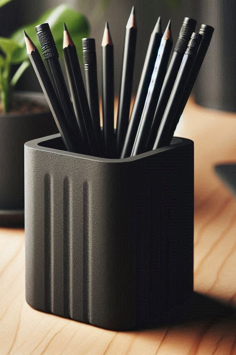 Närbild av en minimalistisk fyrkantig pennhållare med räfflade sidor
