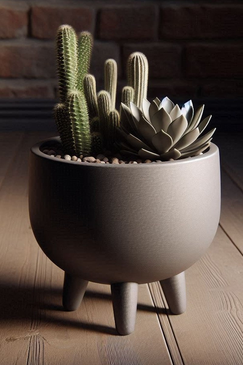 Mid century-kruka med fyra ben i varmt ljus, rena geometriska linjer