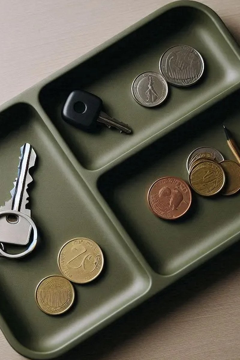 Närbild av Army Boy II-brickan för nycklar och mynt med kantiga former