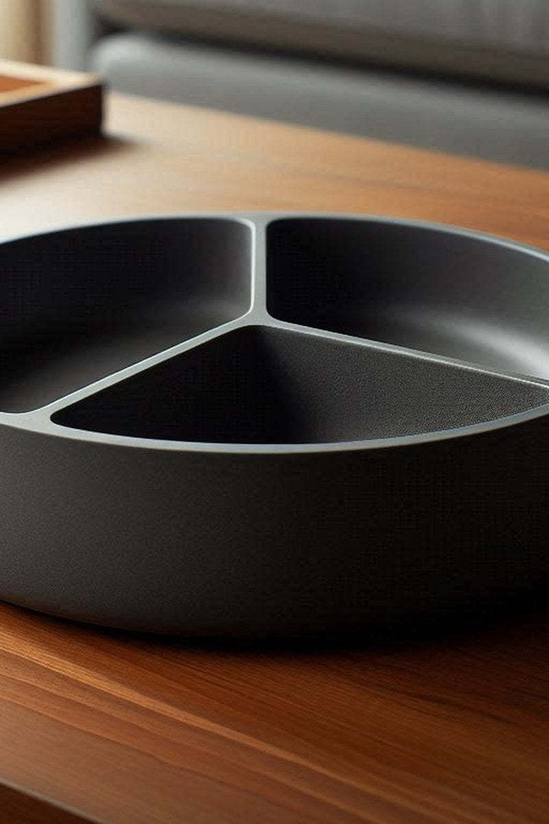 Minimalistisk snacksbricka med tre fack, närbild av den rena vita ytan
