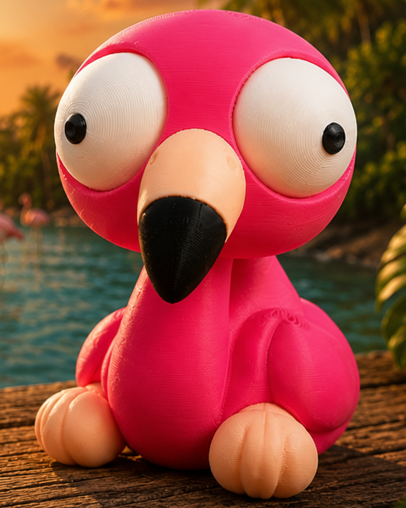 Närbild av en flamingofigur från Goofy-serien med stora rörliga googlyögon
