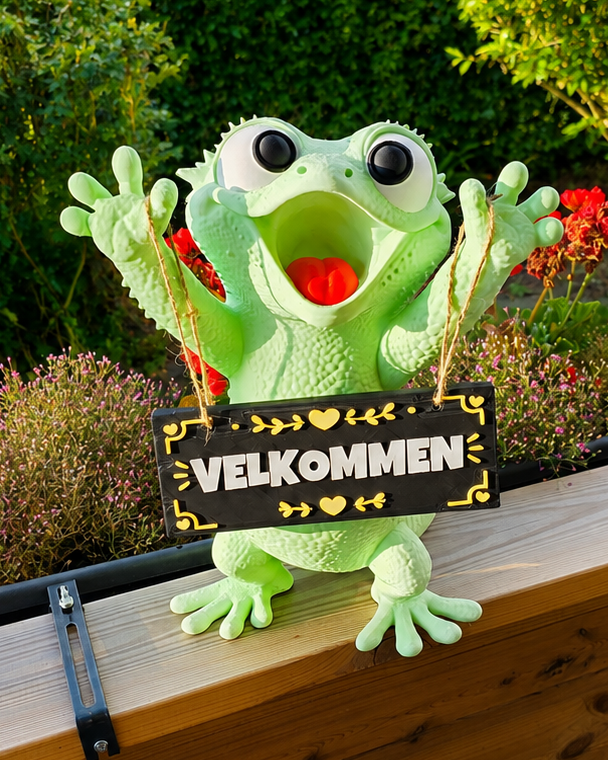 Personlig välkomstgecko med skylt i trädgården