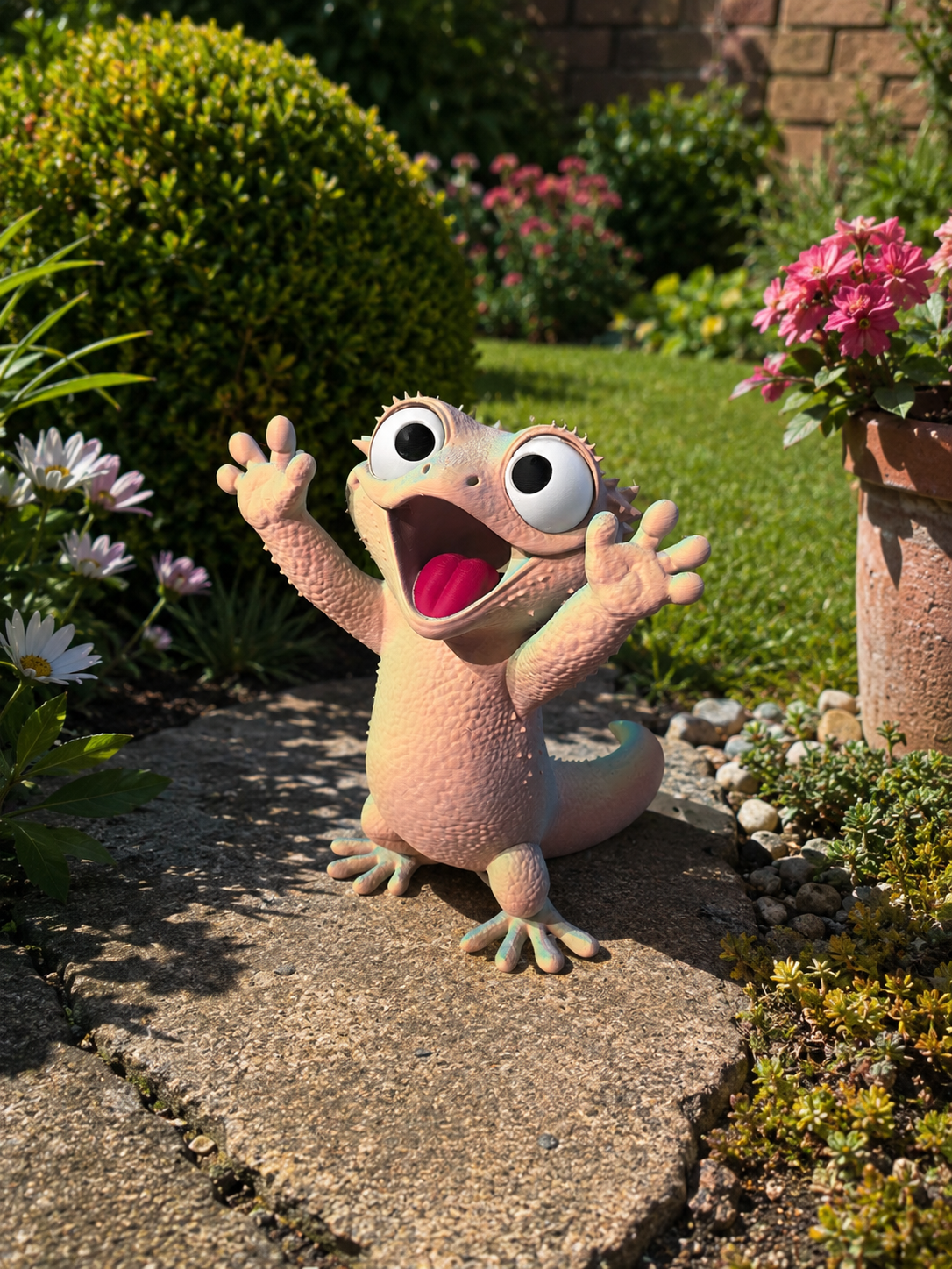 Geckoträdgårdsfigur framifrån – tricolor i persika och rosa