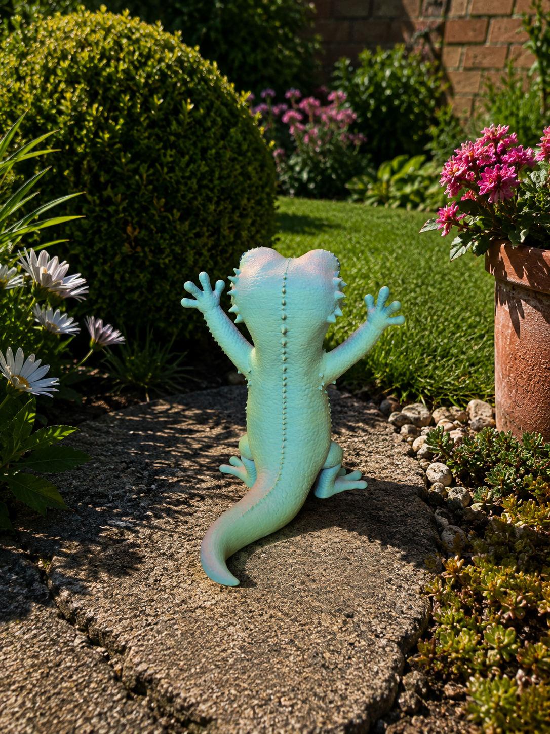 Geckoträdgårdsfigur bakifrån – tricolor som skiftar till mint och turkos