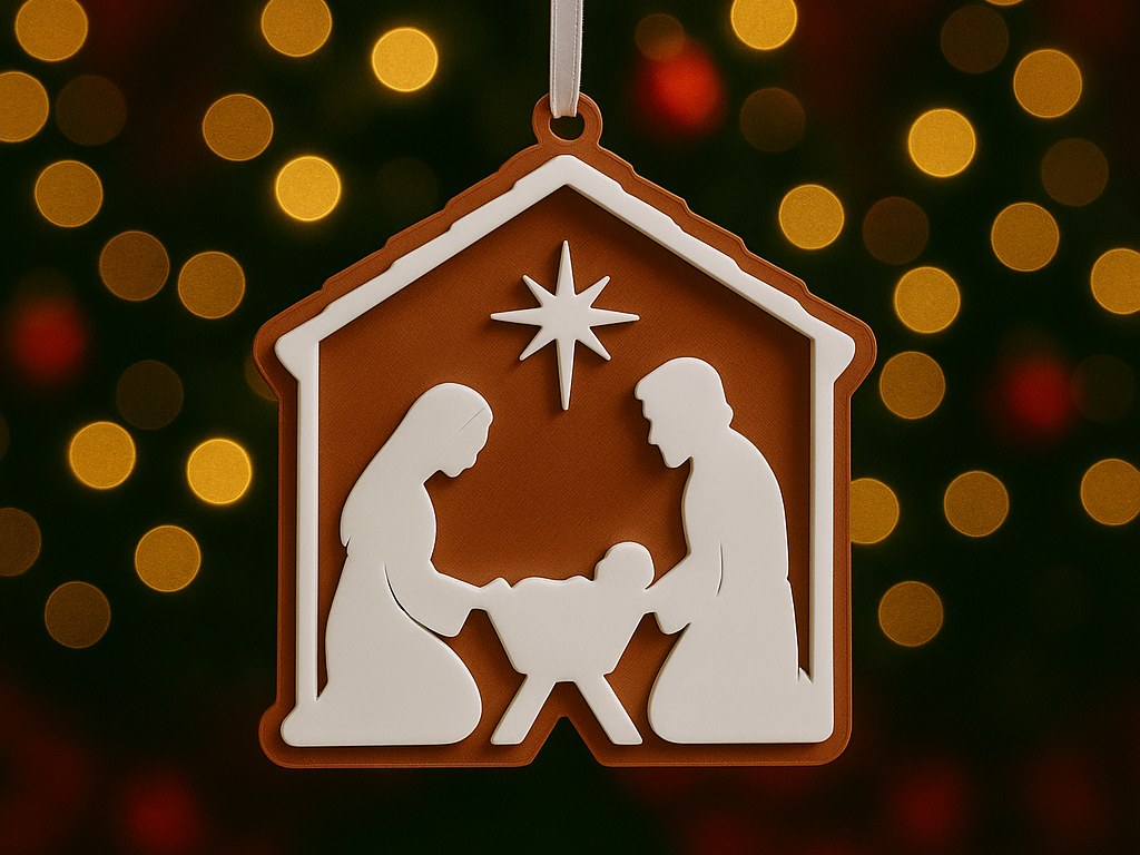 Julgransprydnad med julkrubba: Maria, Josef och Jesusbarnet