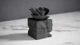 Eternal Bloom – skulptur av svart ros på mörkt skrivbord bredvid böcker