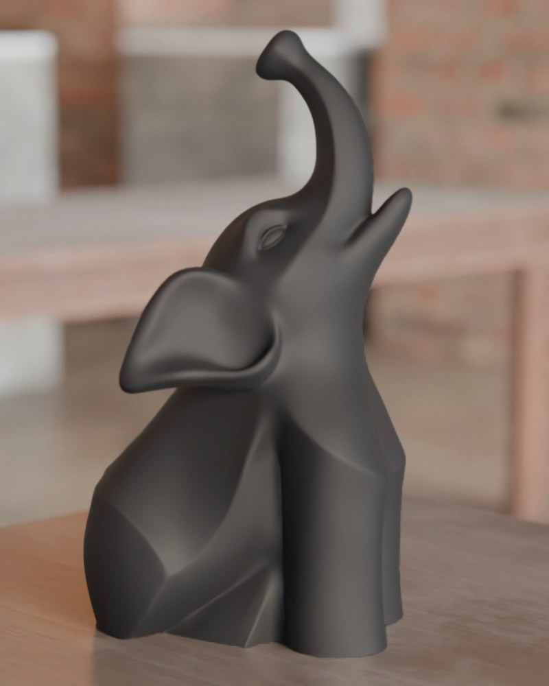 Modern svart elefantskulptur med mjuka kurvor och geometriska detaljer, framifrån