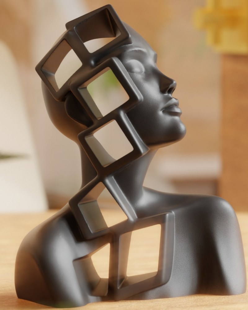 Abstrakt kvinnobyst med öppna geometriska ramar genom figuren, vit