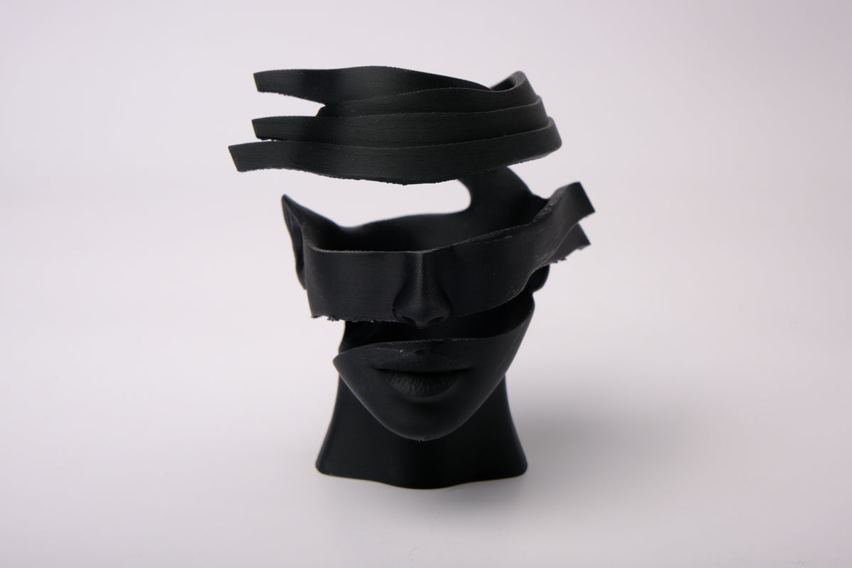 Surrealistisk abstrakt ansiktsskulptur på en minimalistisk hylla med böcker och växter