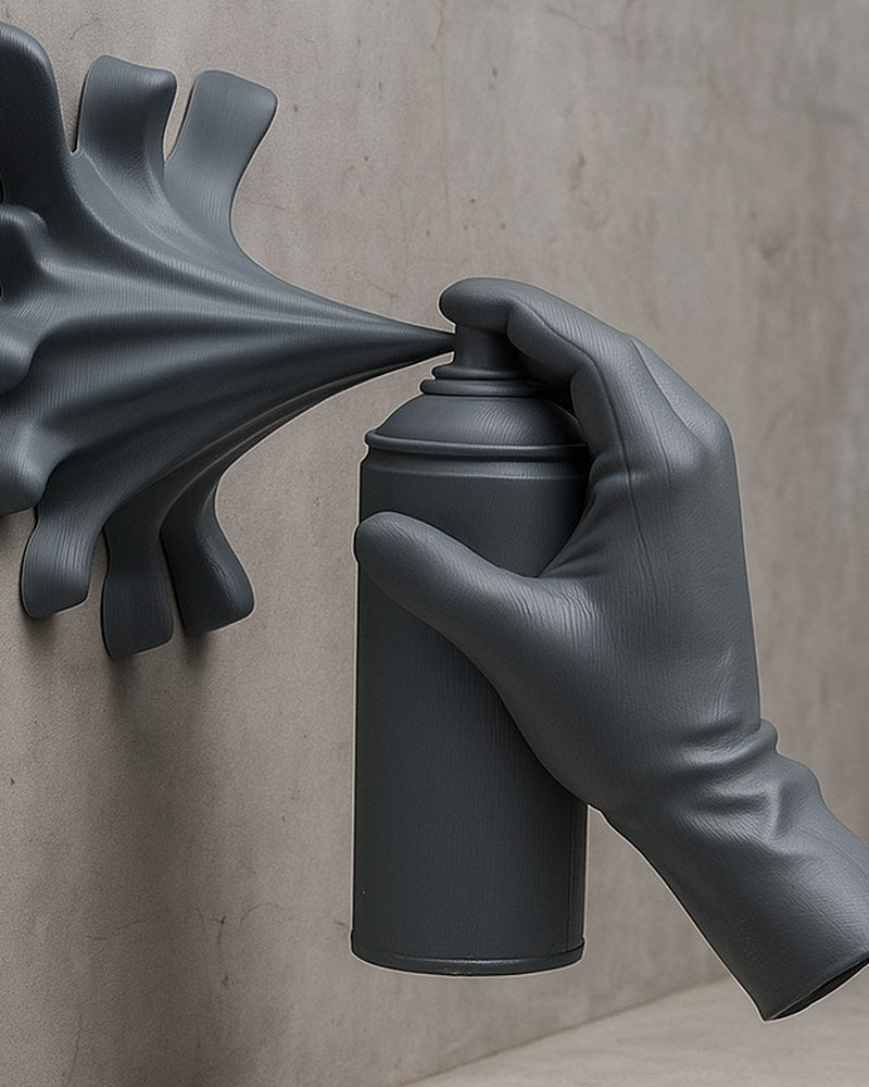 Närbild av en hyperrealistisk handskulptur med sprayburk mitt i sprayandet