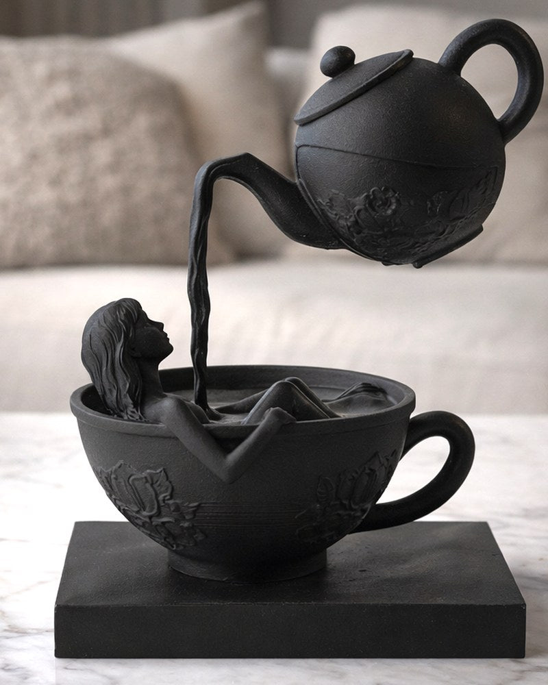 Mattsvart surrealistisk skulptur av en kvinna som vilar i en tekopp, framifrån