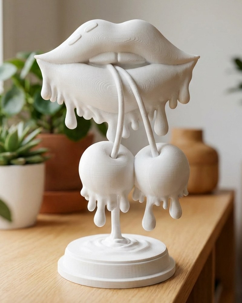 Körsbärsläppar-skulptur i blank röd med körsbärsdetaljer på sockeln, framifrån