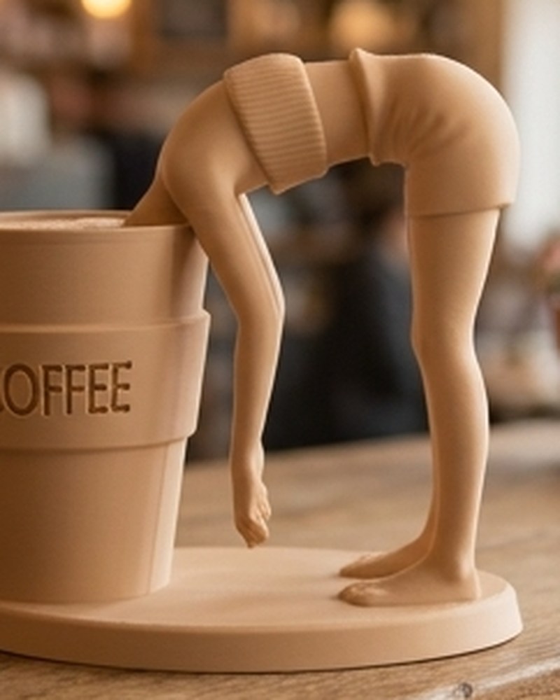 Caffeine Dive-skulptur – matt svart figur som dyker ner i en jättestor kaffekopp
