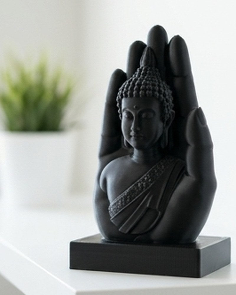 Mattsvart buddhahandskulptur på vit yta med en stilla figur som vilar i den öppna handflatan