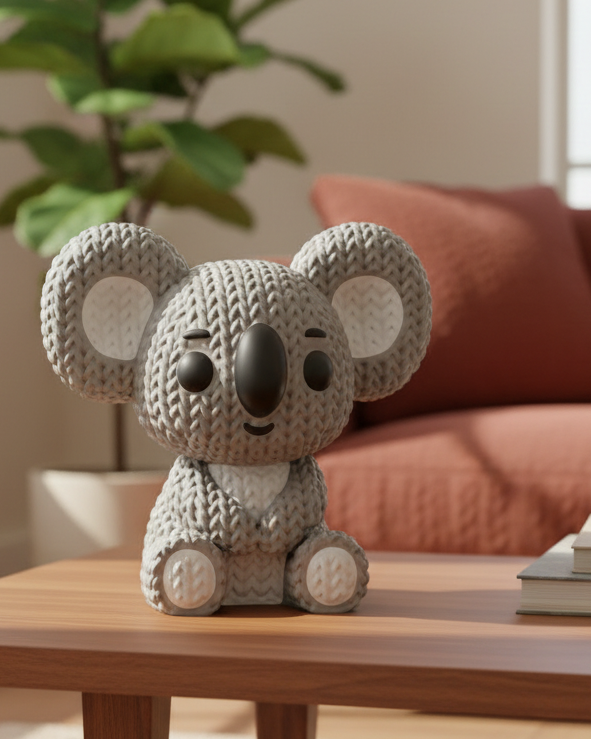 Närbild av en stickad koalafigur med virkad look och detaljerade maskor i ansikte och öron