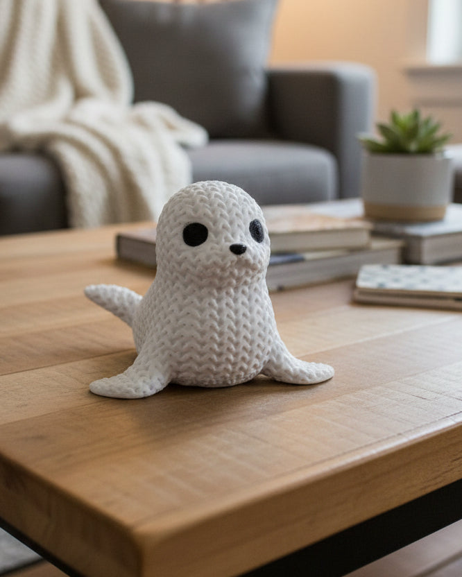 Närbild av en dekorativ stickad sälfigur med virkad look och små mörka ögon