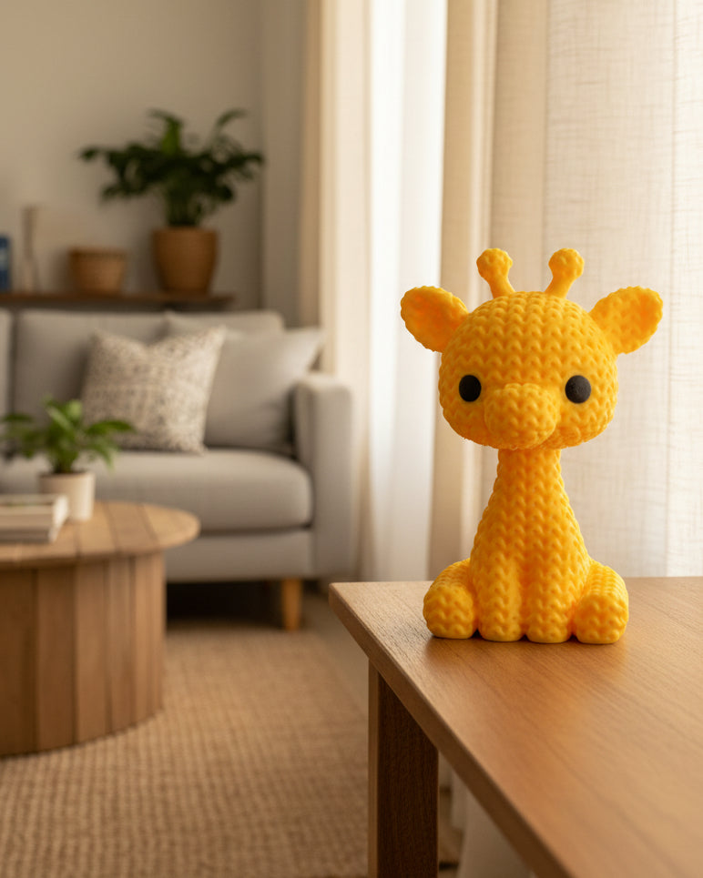 Närbild av en liten stickad girafffigur med virkad textur och uttrycksfulla ögon, ca 8 cm hög