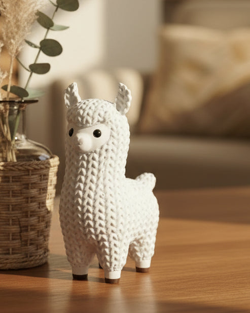 Närbild av en stickad lamafigur i neutral krämfärg med virkad look