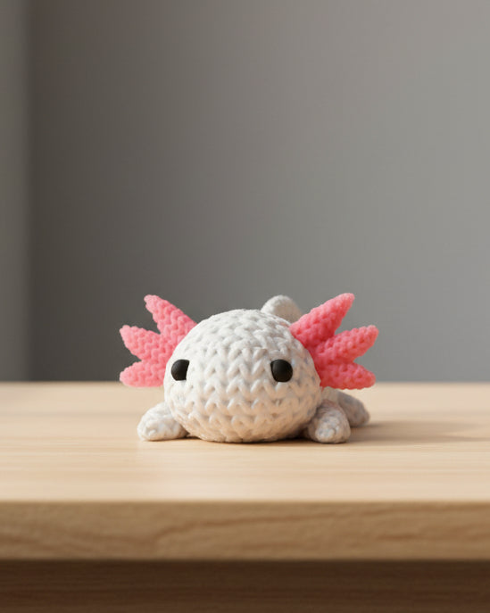 Strukturdetalj av en stickad axolotl med virkad look och formade gälar