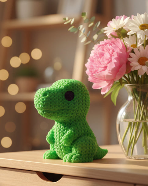 Stickad T-rex på trähylla bredvid böcker och liten växt i lugn skandinavisk inredning