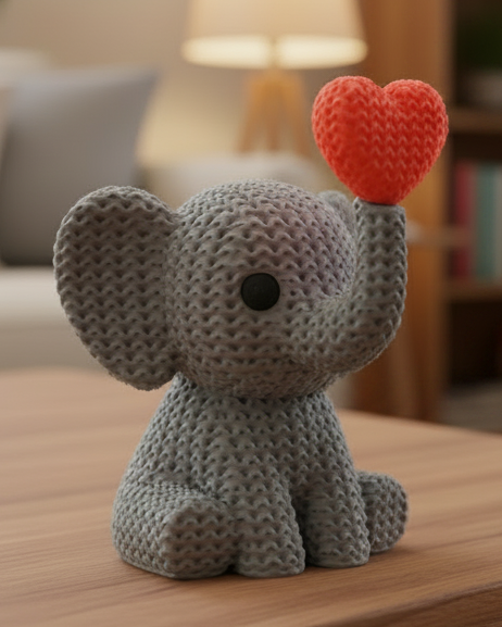 Närbild av en stickad elefant som blåser ett hjärta, i varmgrått