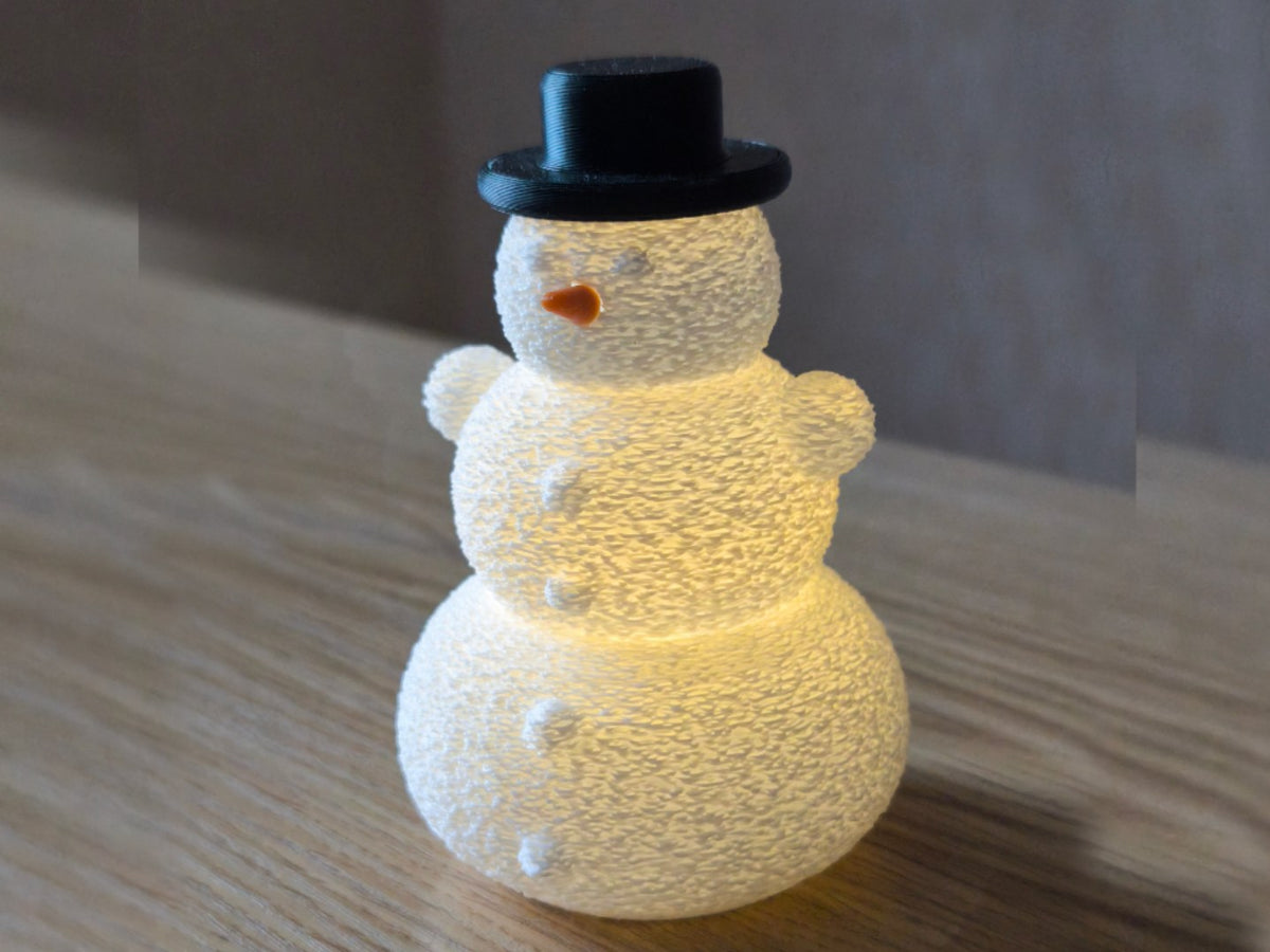 Snögubbe med hatt och näsa över ett LED-värmeljus